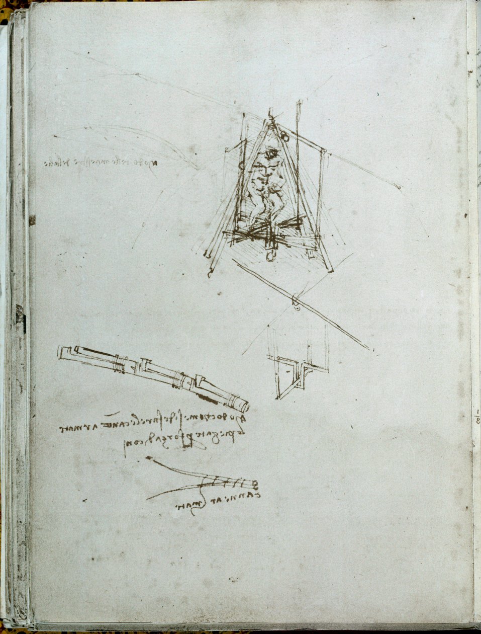 科技：飞行器手稿，直升机始祖。 列奥纳多·达·芬奇 (Leonardo da Vinci) (1452-1519) 之书。 1487 年左右。巴黎，法兰西学院图书馆 作者 达芬奇（Leonardo da Vinci）
