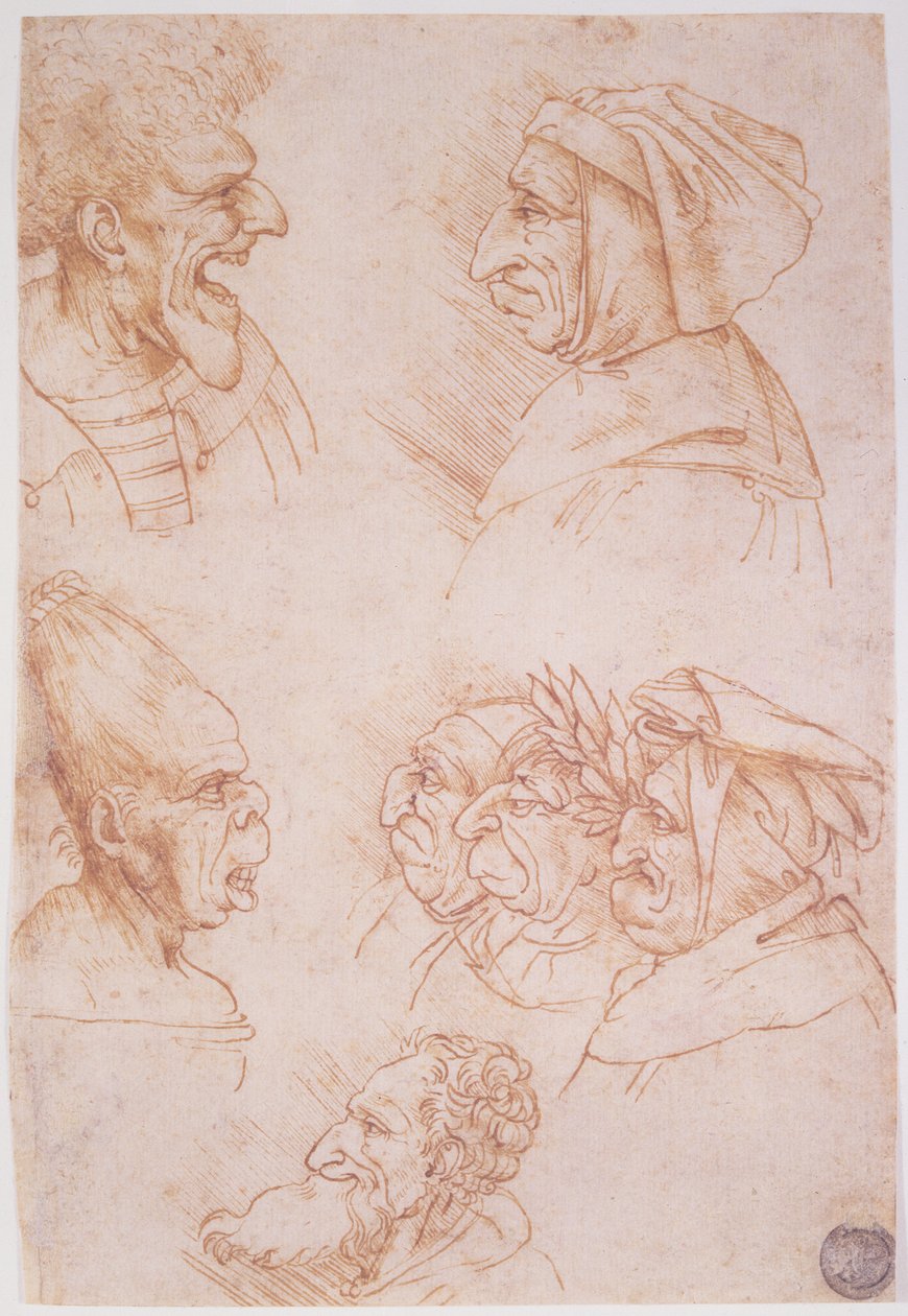 怪诞面孔的七项研究（纸上的红色粉笔） 作者 达芬奇（Leonardo da Vinci）