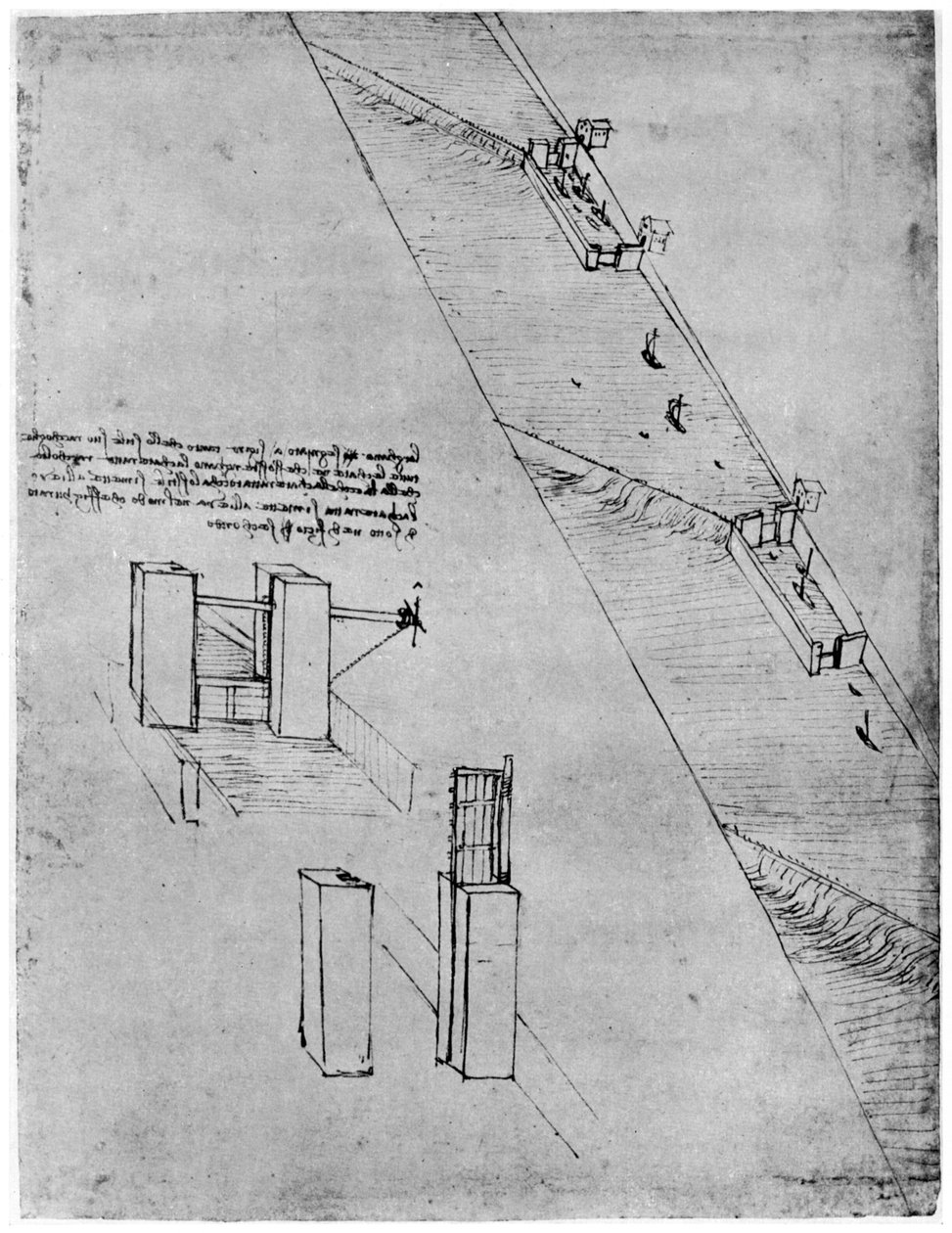 1954年15世纪末或16世纪初的水闸草图。 作者 达芬奇（Leonardo da Vinci）
