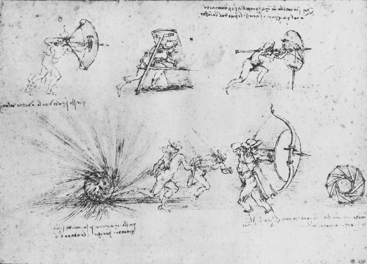 护脚士兵盾牌和炸弹爆炸的研究，c1480 1945 作者 达芬奇（Leonardo da Vinci）
