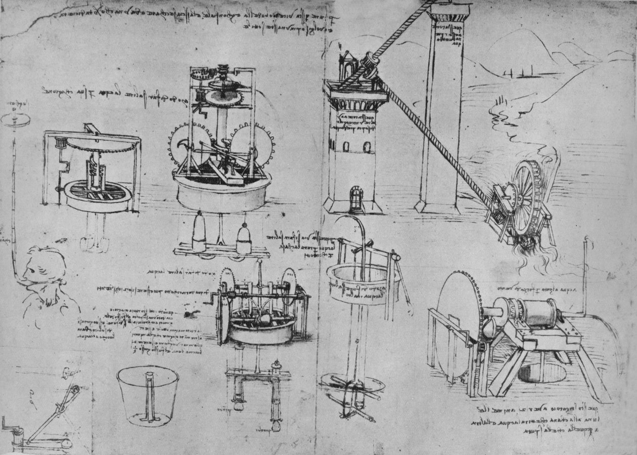 抽水泵的研究，阿基米德管等，c1480 1945 作者 达芬奇（Leonardo da Vinci）