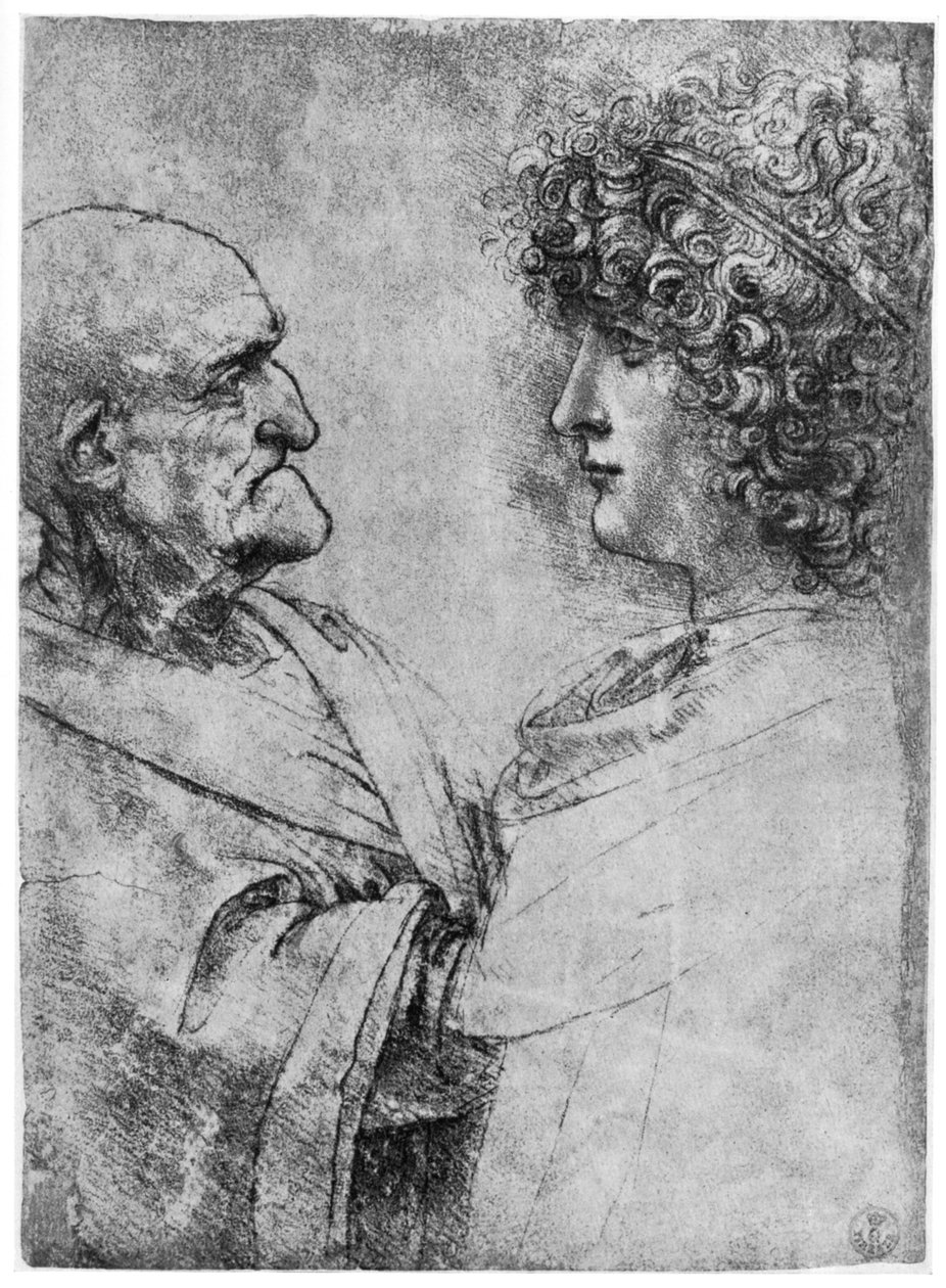头部研究，c1500年，1954年 作者 达芬奇（Leonardo da Vinci）