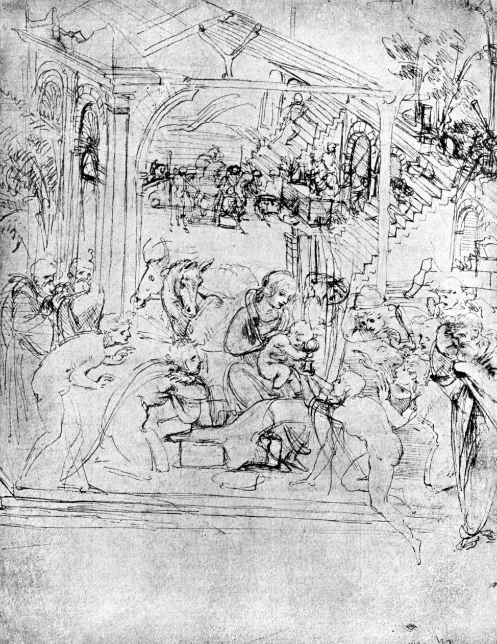 1930年15世纪，《贤士崇拜》研究。 作者 达芬奇（Leonardo da Vinci）
