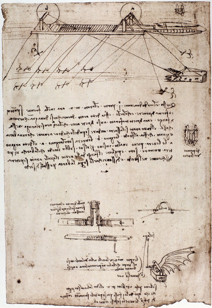 Leonard de Vinci (Leonardo da Vinci) (1452 - 1519) 研究海洋挖泥船。 用钢笔和墨水绘图。 作者 达芬奇（Leonardo da Vinci）