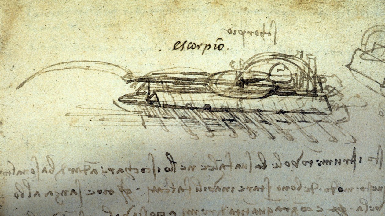 伦纳德-德-芬奇（Leonard da Vinci）（1452 - 1519）的战争机器 "天蝎座 "研究。用钢笔和墨水绘制。 作者 达芬奇（Leonardo da Vinci）