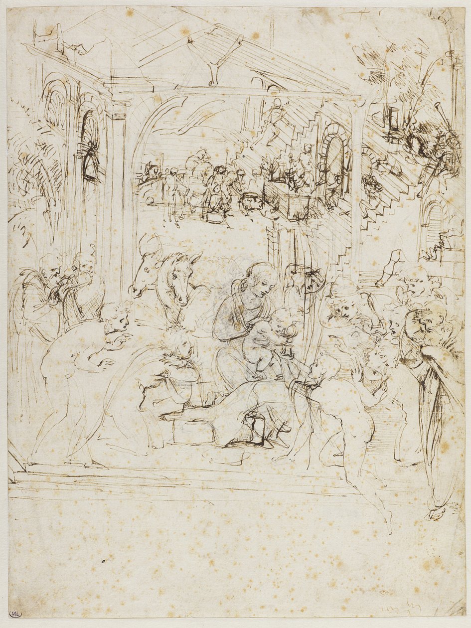麦琪的崇拜》的研究，约1481年。 作者 达芬奇（Leonardo da Vinci）