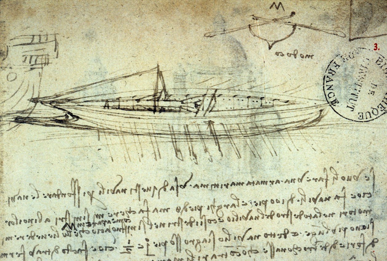 列奥纳多·达·芬奇 (Leonardo da Vinci) (1452 - 1519) 对配备一系列桨的船的研究。 用钢笔和墨水绘图。 手稿。 法兰西学院图书馆。 巴黎。 作者 达芬奇（Leonardo da Vinci）