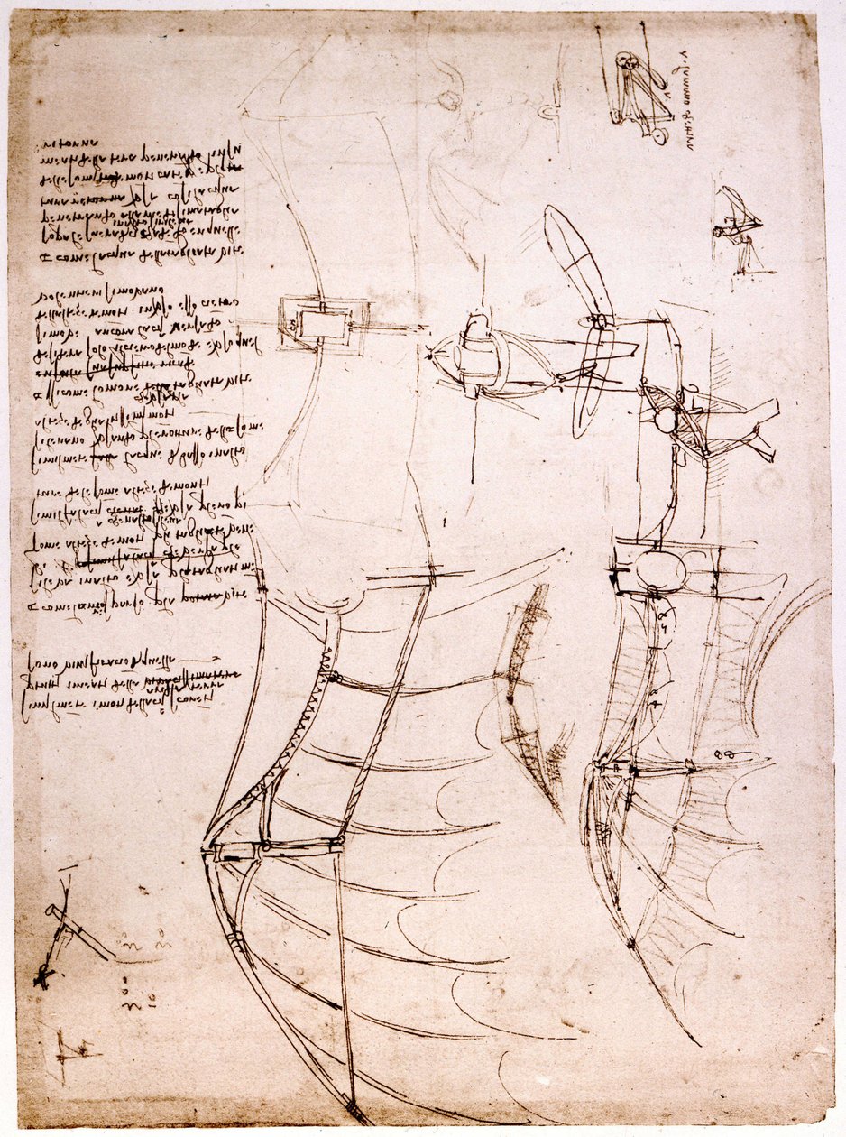 关于翅膀的研究。大西洋法典》。大西洋法典》，由Leonard de Vinci（达芬奇）在1499年左右绘制。 作者 达芬奇（Leonardo da Vinci）