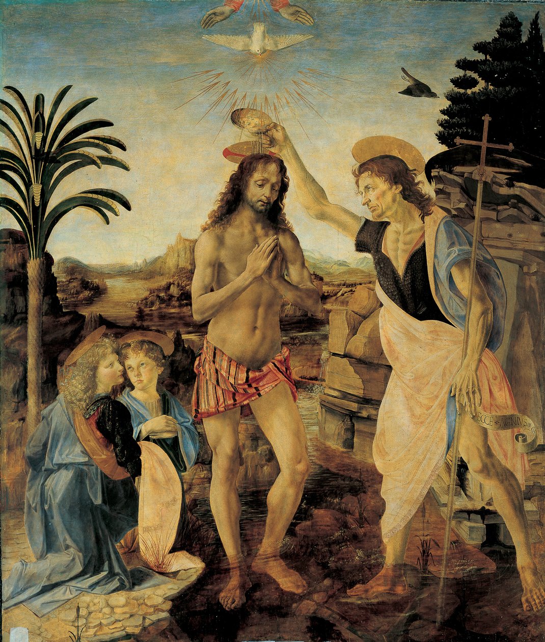 The Baptism of Christ around 1475 - 1478 by Andrea del Verrocchio (1436-1488) and Leonardo da Vinci (Leonard of Vinci) (1452-1516), Oil and tempera on wood 作者 达芬奇（Leonardo da Vinci）