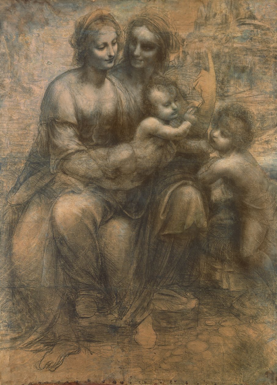 圣母子与圣安妮和婴儿的施洗者圣约翰，约1499-1500年（木炭用纸上的白粉笔加高，装在画布上） 作者 达芬奇（Leonardo da Vinci）