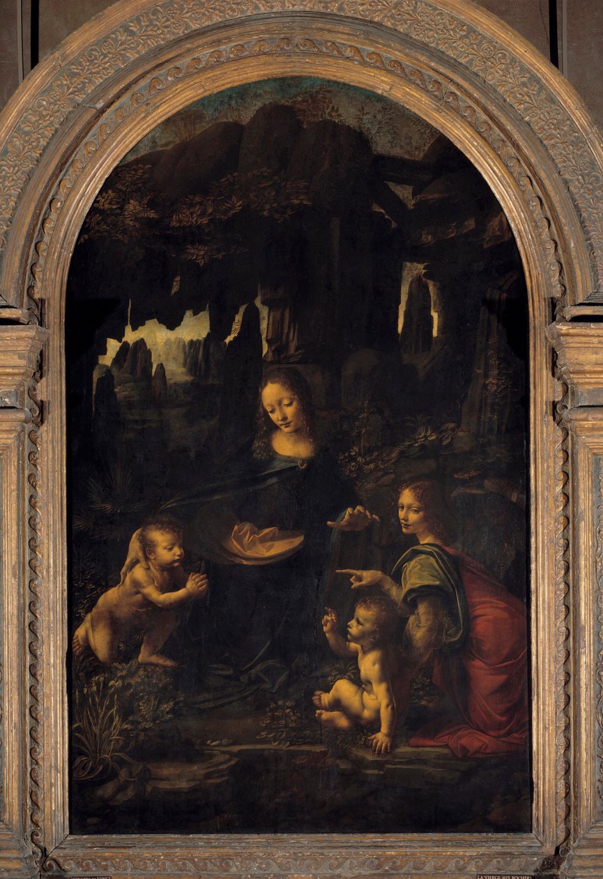 圣母、圣婴耶稣、施洗者圣约翰和天使或“有岩石的圣母”，由 Leonard de Vinci (Leonardo da Vinci) (1452-1519) 16 世纪 Sun 绘制。 1,99x1,22 米 作者 达芬奇（Leonardo da Vinci）