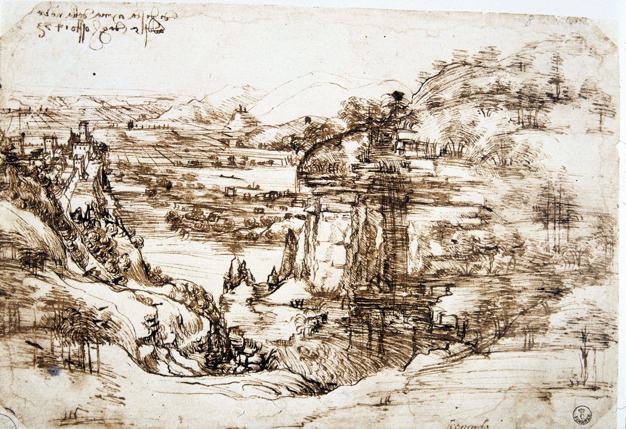 The first known drawing of Leonard de Vince (Leonardo da Vinci) (1452-1519), “” Landscape of Santa Maria della Neve””: the landscape of the valley of the Arno, near Florence. 作者 达芬奇（Leonardo da Vinci）