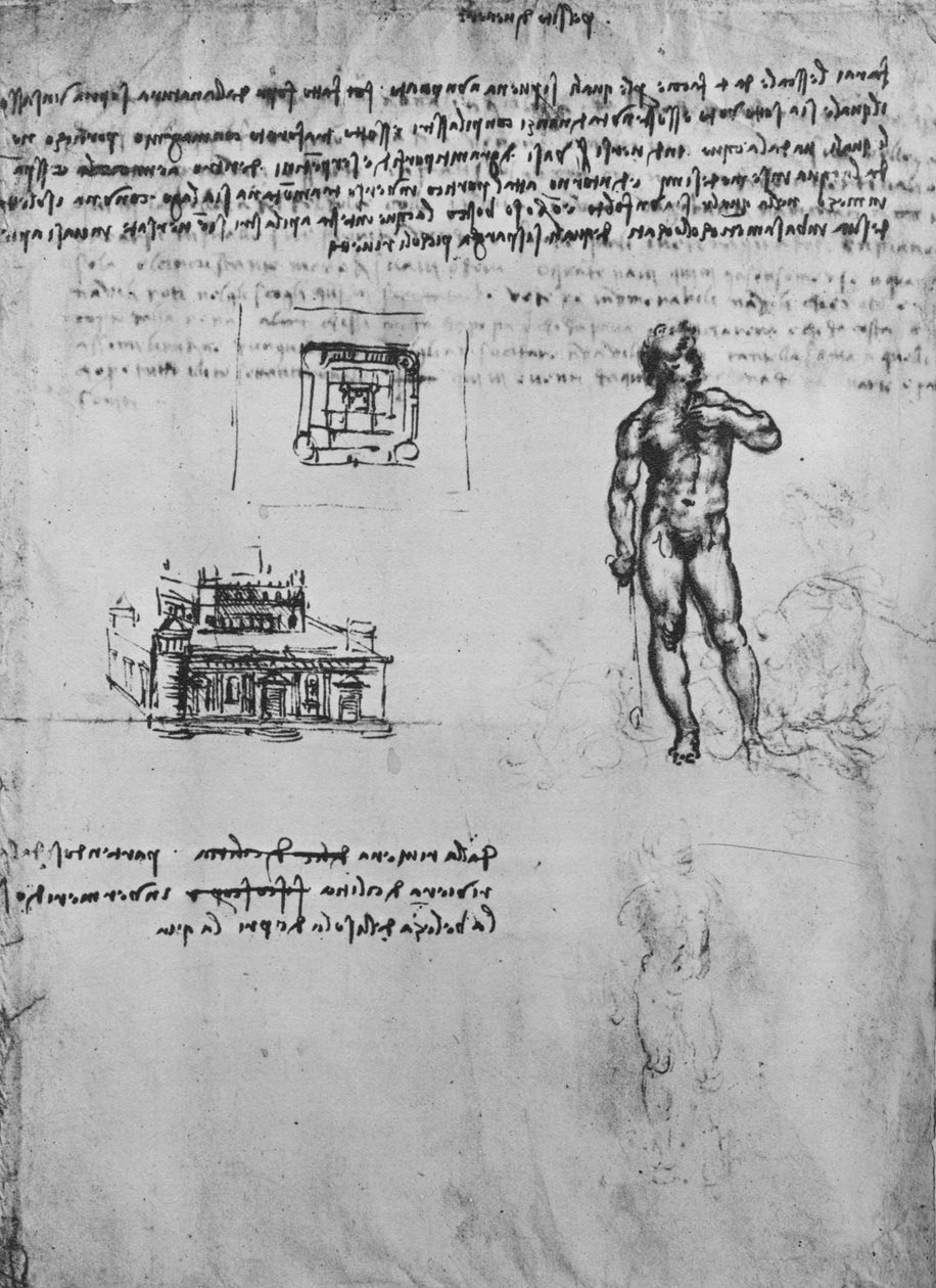 两项关于裸体人物和建筑物的视图和平面图的研究，c1480 1945年 作者 达芬奇（Leonardo da Vinci）