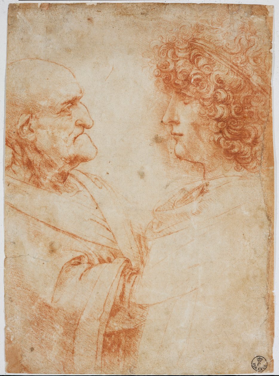 两个男性形象，一个老人和一个年轻人 - 年轻人代表 Gian Giacomo Caprotti dit Andrea Salai 或 Salaij（约 1480-1524），伦纳德的学生和情人 - 列奥纳多·达·芬奇（Leonard de Vinci）绘制的一片血色（ 1452-1519) - 佛罗伦萨，G 作者 达芬奇（Leonardo da Vinci）