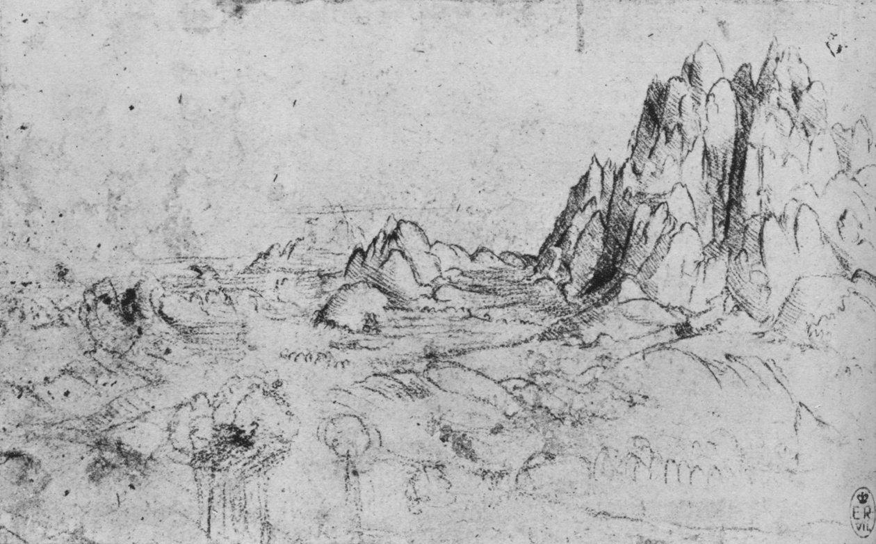 山脉的风景，c1480 1945年 作者 达芬奇（Leonardo da Vinci）