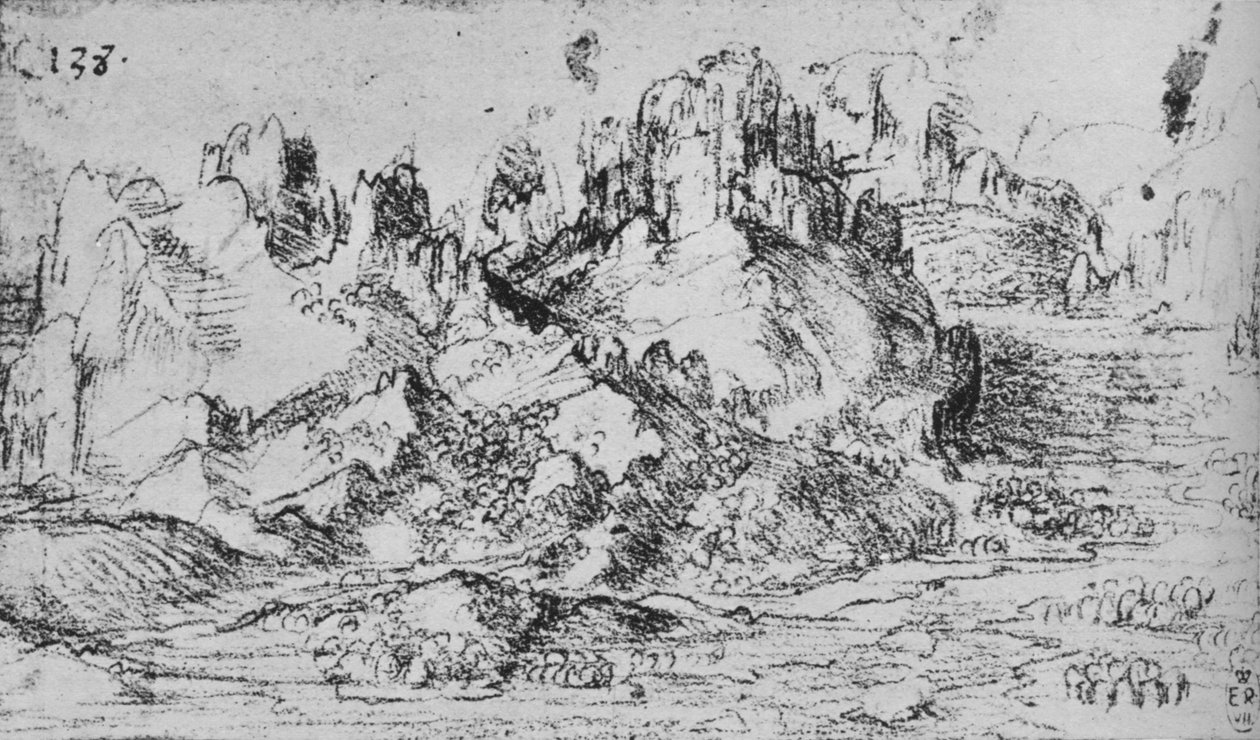 俯瞰山谷，远处山峦，c1480 1945年 作者 达芬奇（Leonardo da Vinci）
