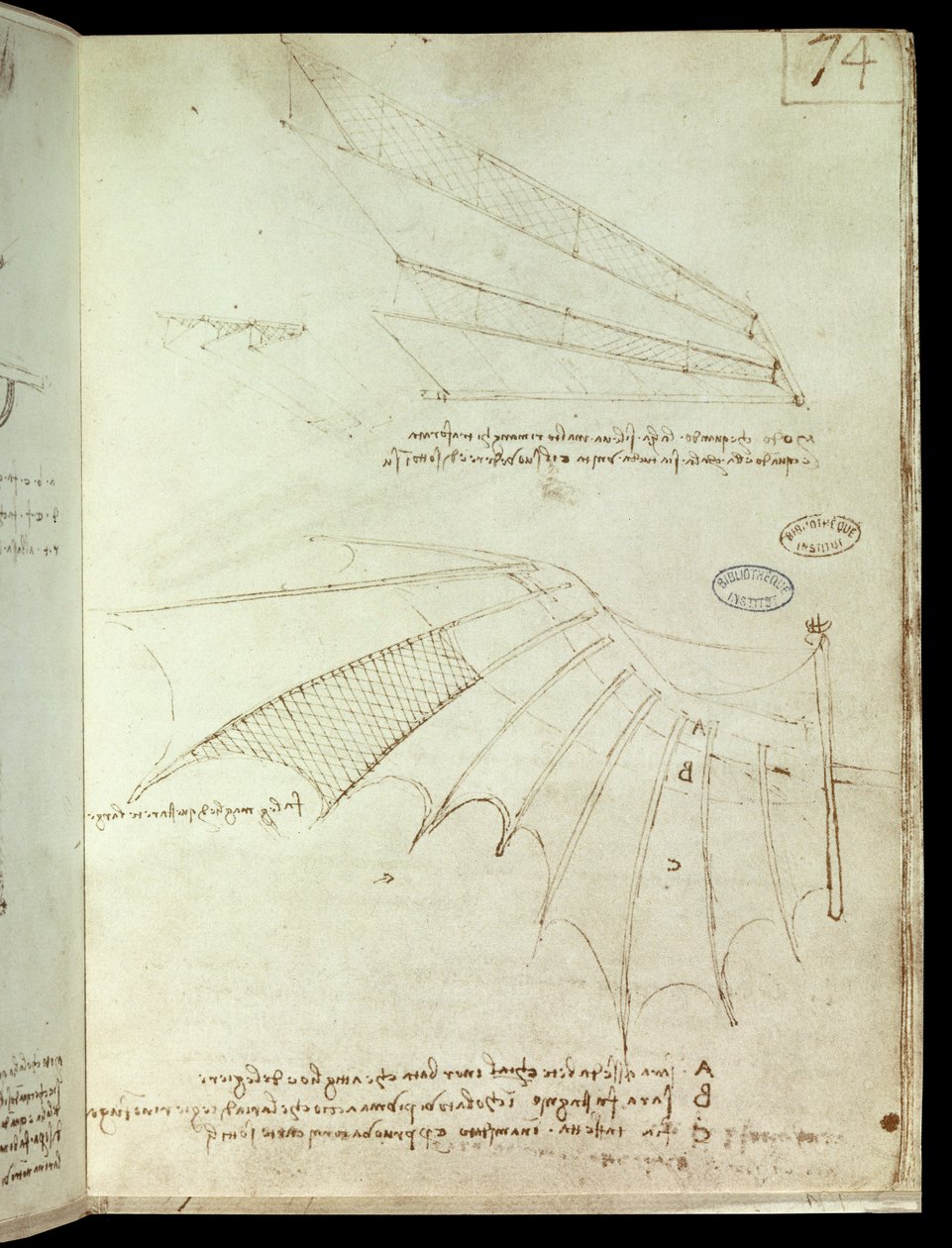 Wing. Flying machine drawing. Manuscript by Leonard De Vinci (Leonardo da Vinci 作者 达芬奇（Leonardo da Vinci）
