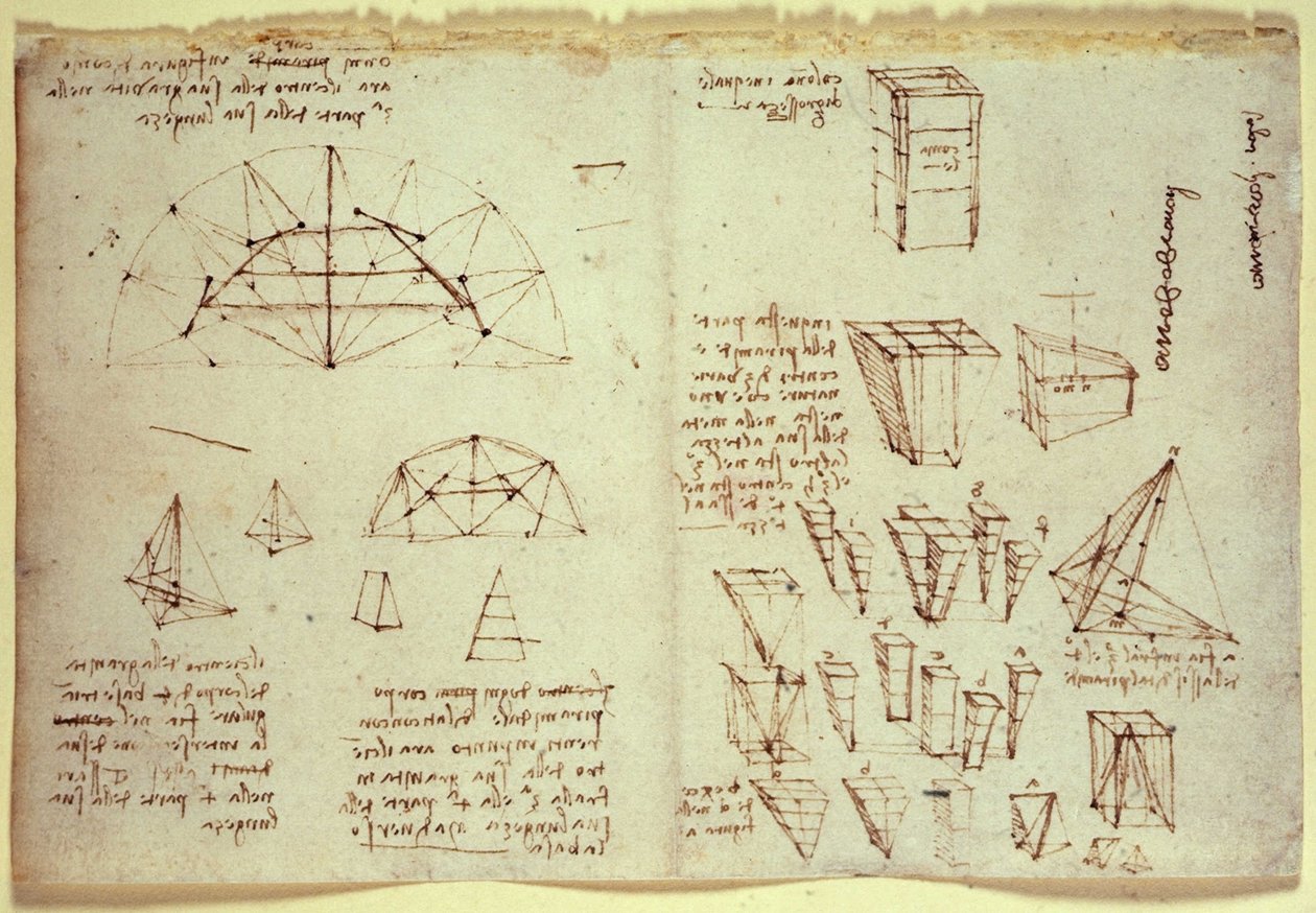 达芬奇笔记，显示几何图形的图表 作者 达芬奇（Leonardo da Vinci）