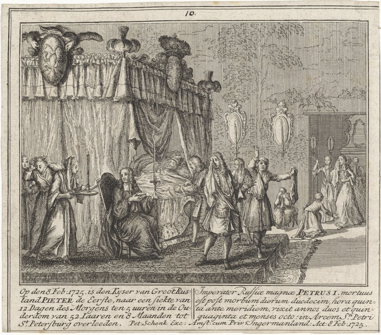 La mort de Pierre I le Grand, le 8 fevrier 1725 - 彼得大帝于1725年2月8日去世，作者是Schenk, Leonard (1696-1767)。铜版画 作者 伦纳德斯·申克