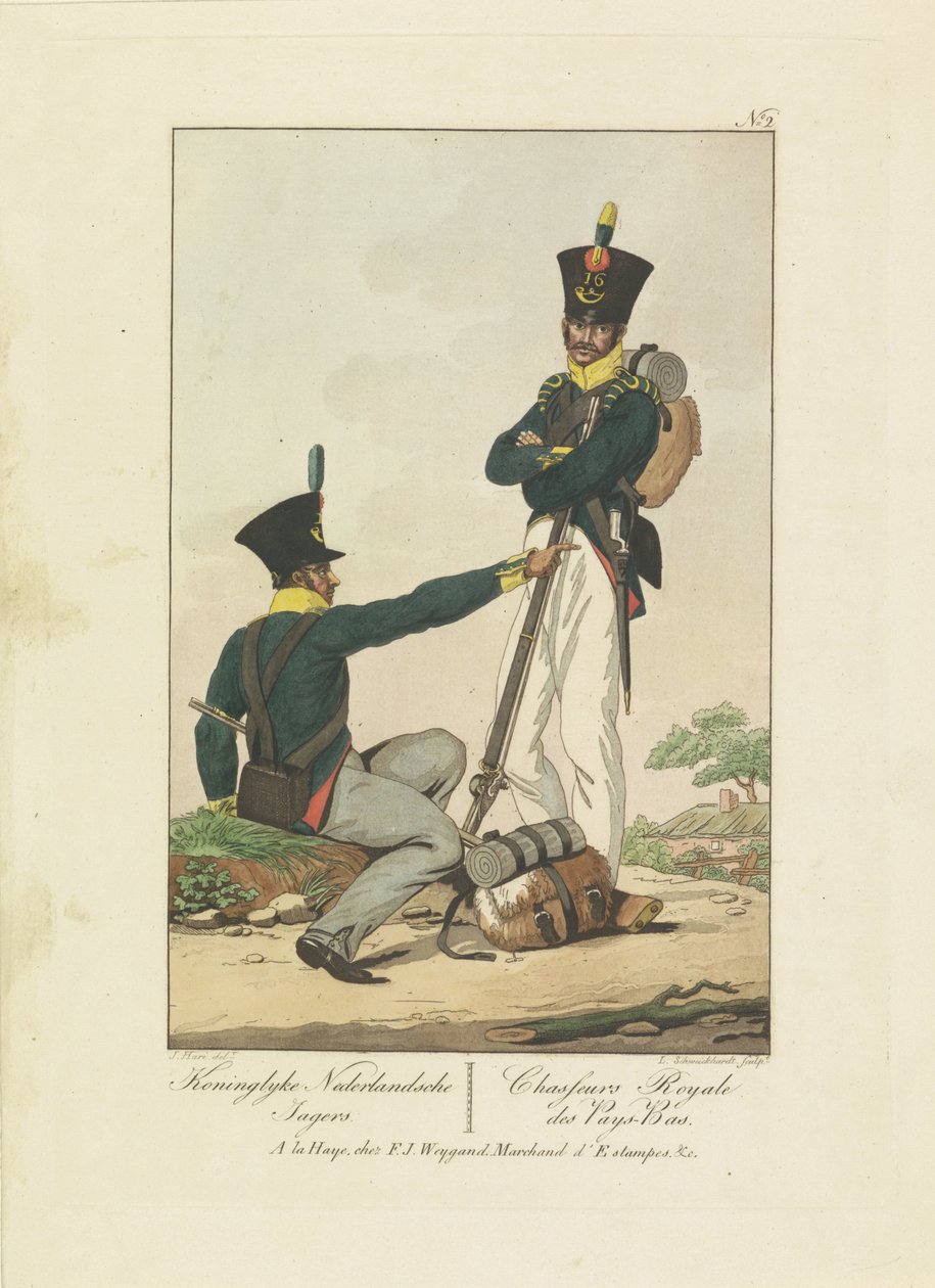 两名猎人，1814-1818 年
Koninglyke Nederlandsche Jagers / Chasseurs Royale des Pays-Bas（物品上的标题）
1814-1818 年的七件制服（系列名称） 作者 伦纳德·施维克哈特