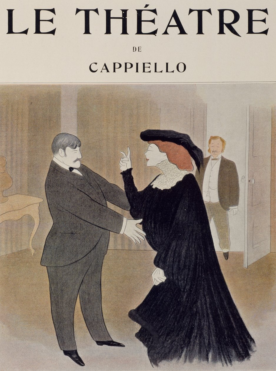 演员Lucien Quitry和Jane Harding在La Chatelaine场景中，在巴黎文艺复兴剧院演出，由Leonetto Cappiello（1875-1942）绘制，1903年4月《剧院》杂志的标题页。 作者 莱昂内托·卡皮耶洛