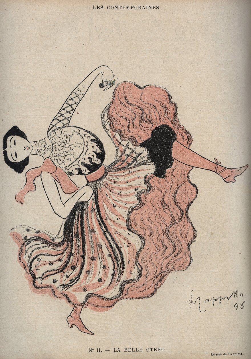 卡罗琳（La Belle）-奥特罗（1868-1965）的肖像，西班牙舞蹈家和歌妓--Leonetto Cappiello（1875-1942）在1898年的 "The Rire "中的绘画。 作者 莱昂内托·卡皮耶洛