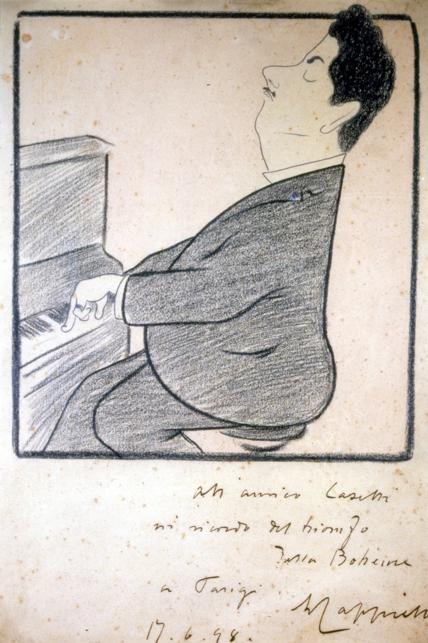 意大利作曲家贾科莫·普契尼 (Giacomo Puccini) (1858-1924) 的肖像。 莱昂内托·卡皮耶罗的漫画。 作者 莱昂内托·卡皮耶洛