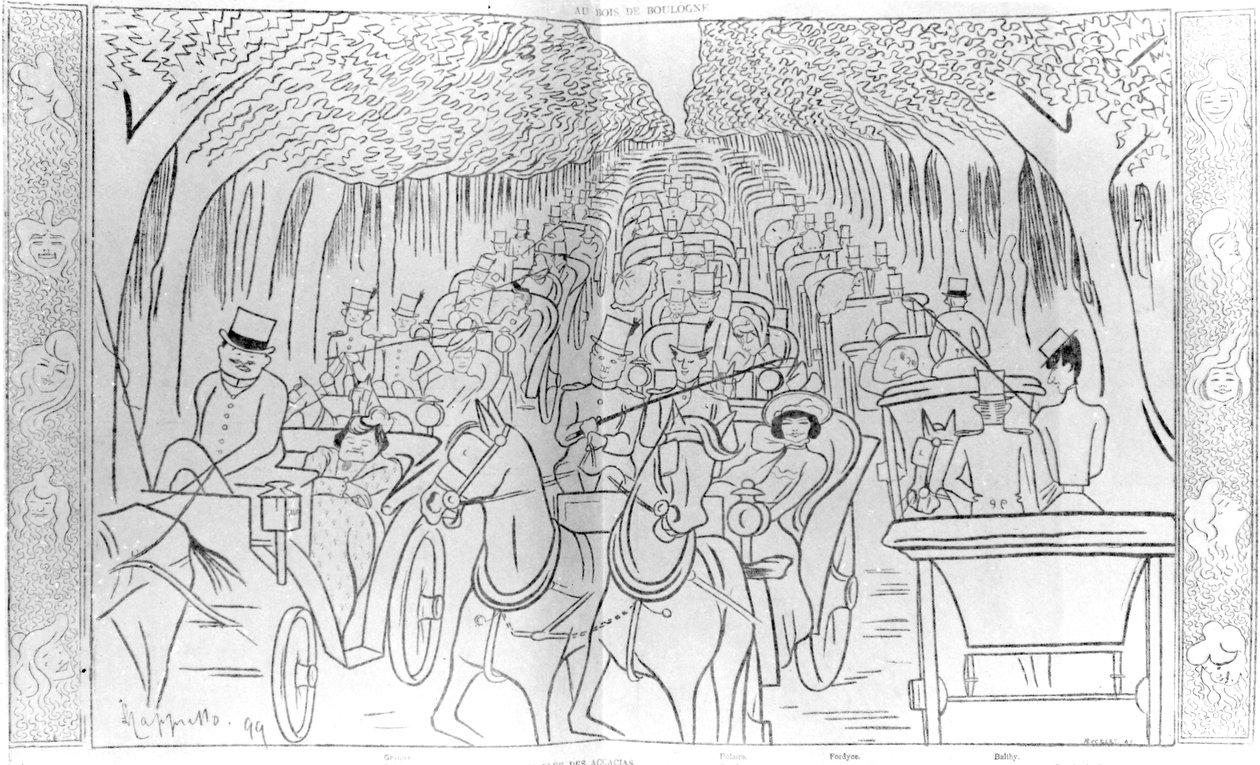 Belle Epoque时代的舞台，音乐厅和歌剧明星，驾驶巴黎de Bacogne，巴黎Avenue des Acacias，来自&39;Le Rire&39;杂志的幽默漫画，1899年 作者 莱昂内托·卡皮耶洛