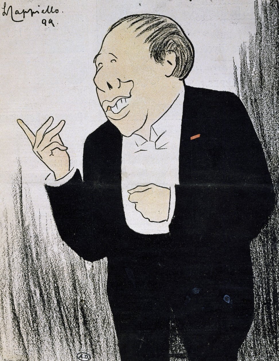 演员 Alexandre Coquelin，在漫画中被称为 Coquelin Cadet (1848-1909) 作者 莱昂内托·卡皮耶洛