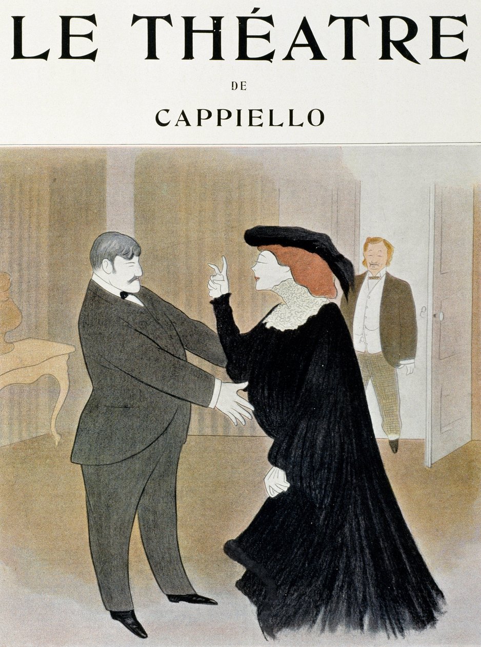 演员Lucien Guitry (1860-1925)和Jane Harding在巴黎文艺复兴剧院演出的《La Chatelaine》的一个场景中--1903年4月巴黎《剧院》杂志的扉页（打印）。 作者 莱昂内托·卡皮耶洛