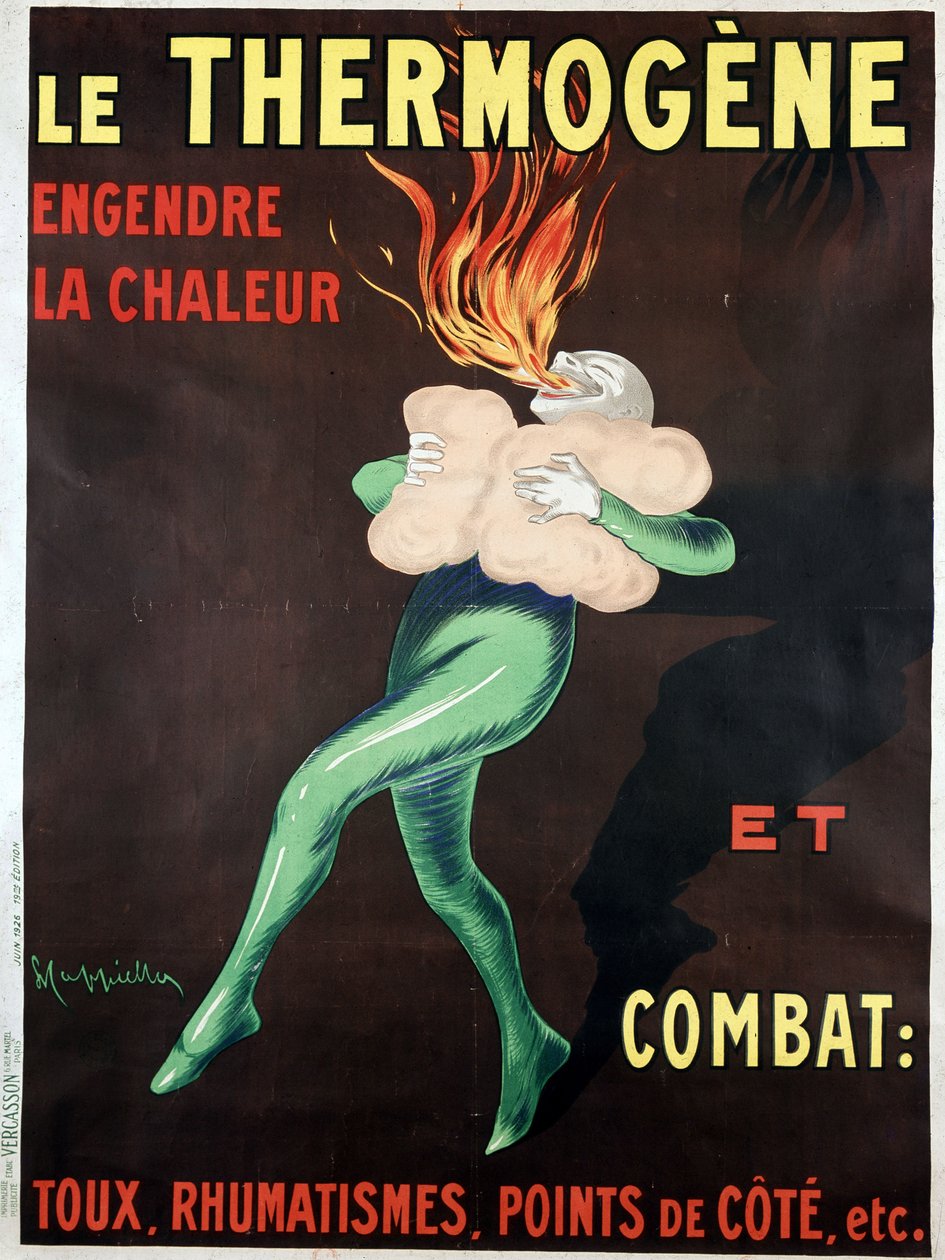 热原产生热量并对抗咳嗽、风湿病、副作用等：Leonetto Cappiello（1875-1942）的海报。 作者 莱昂内托·卡皮耶洛