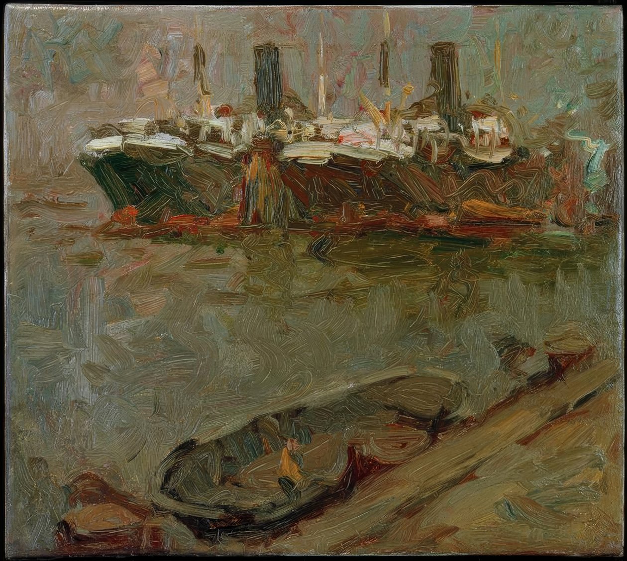 驳船在码头，两个乘客轮船在后台 作者 莱昂哈德·桑德洛克