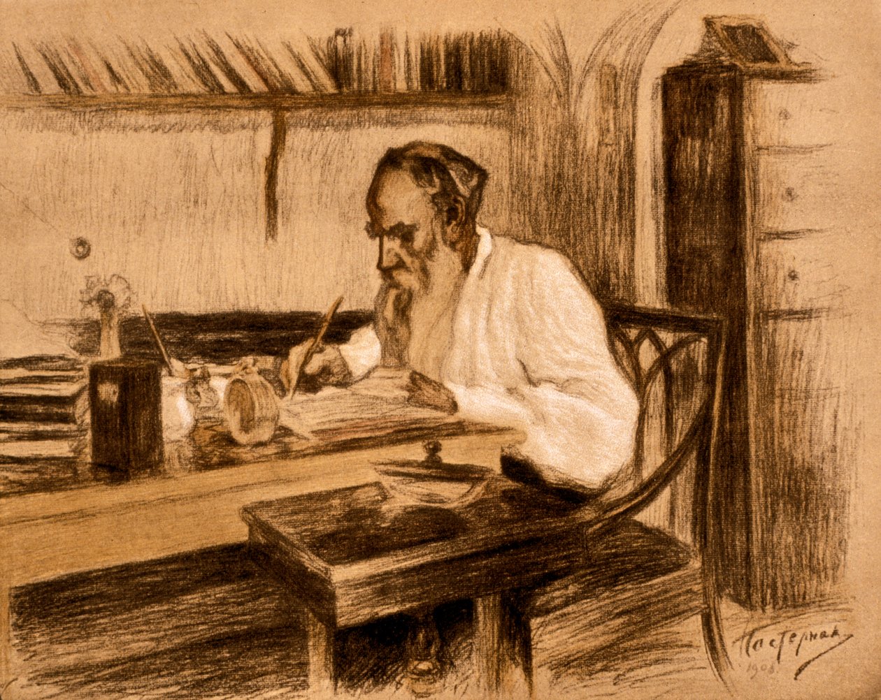 列夫-托尔斯泰伯爵在书房。1908 年（石版画） 作者 列昂尼德·奥西波维奇·帕斯捷尔纳克