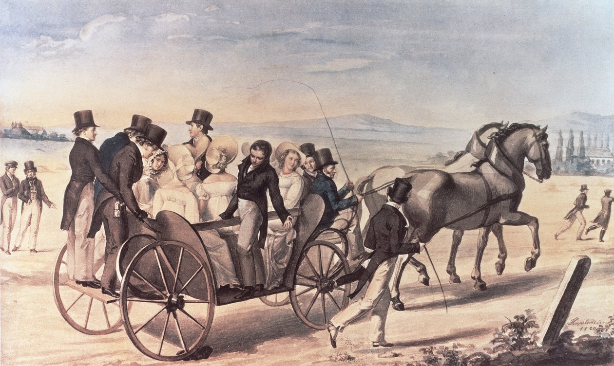 从Atzenbrugg到Aumuhl的Schubertians游览，与艺术家，1820年左边的Franz Peter Schubert（1797-1828）站在左边 作者 利奥波德·库佩尔维瑟