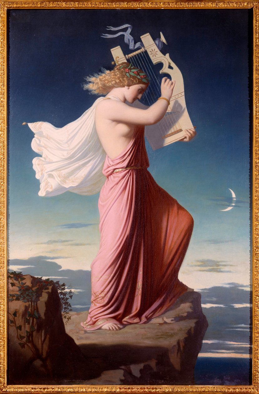 希腊诗人萨福（Sappho）弹琴的肖像 Leopold Burthe (1823-1860) 1849 年绘制 Sun.1,06x0,69 米 卡尔卡松，美术博物馆 作者 利奥波德·伯特