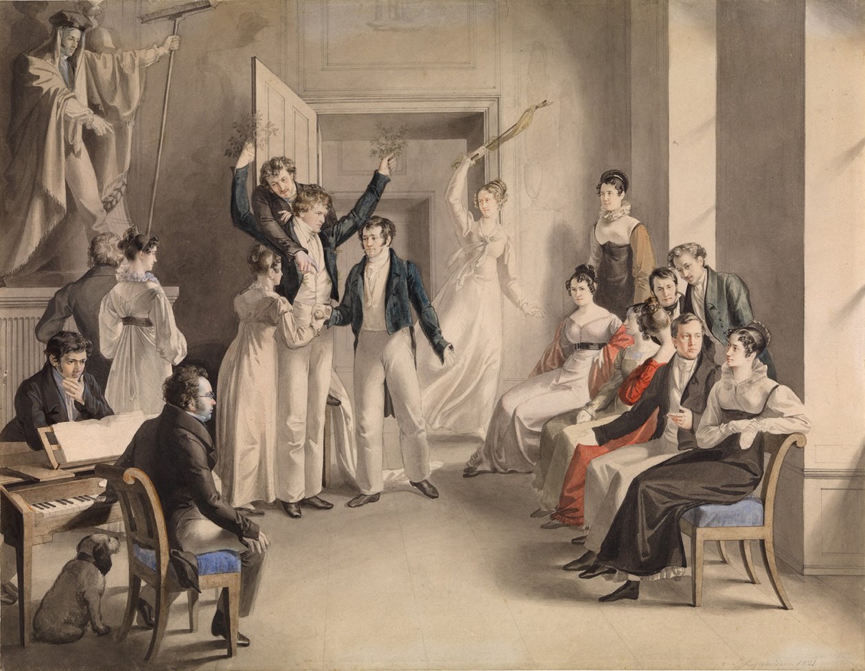 弗朗兹·舒伯特（Franz Schubert）1797-1828。 1821年在阿岑布鲁格举行的舒伯特人的派对游戏 作者 利奥波德·库佩尔维瑟