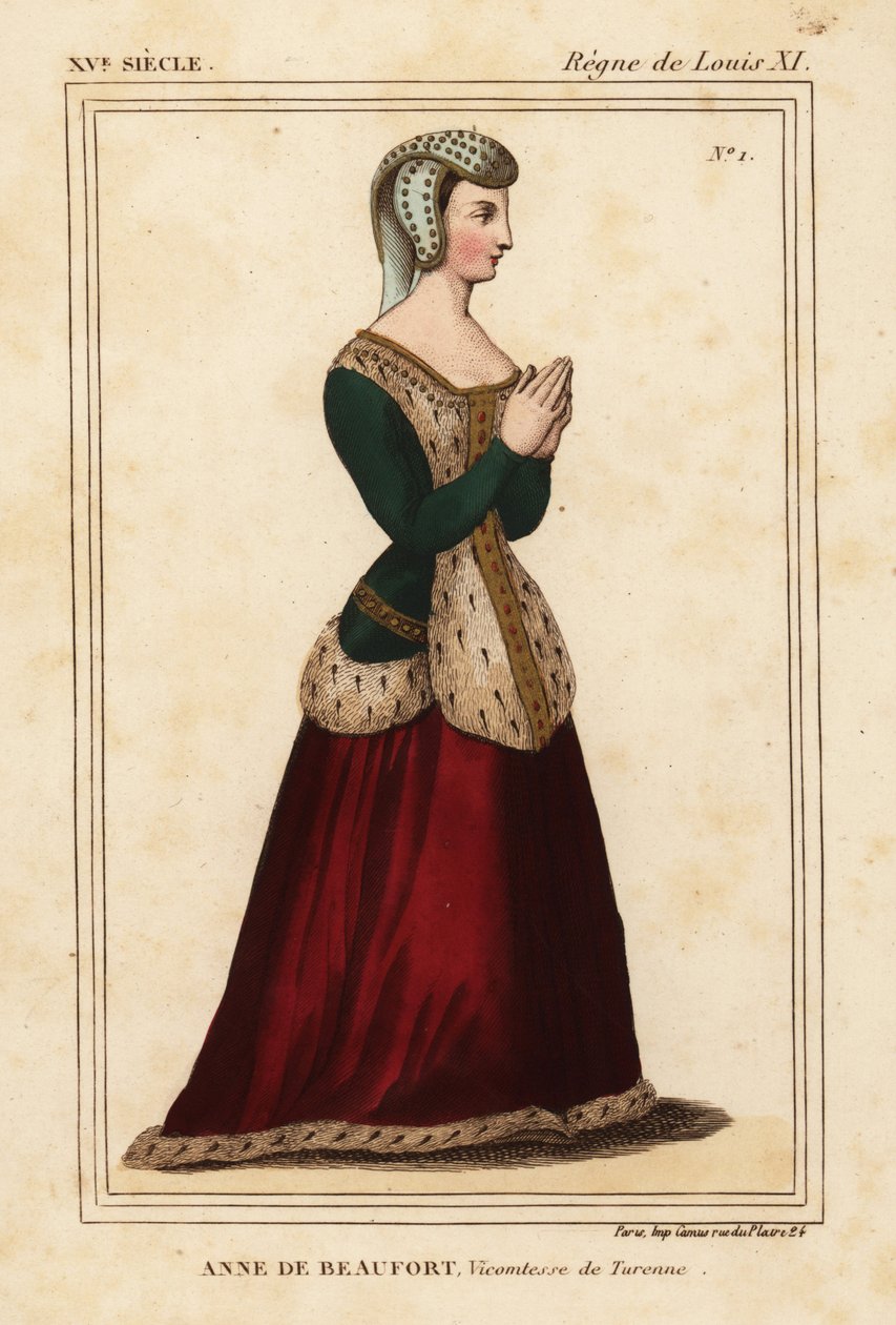 安妮·罗吉尔·德·博福特 (Anne Rogier de Beaufort)，蒂雷纳 (Turenne) 女伯爵，1435-1479 年。 罗杰·德·盖尼埃 (Roger de Gaignieres) 的作品集 VI 11 中，科德利埃·德·南特 (Cordelieres de Nantes) 教堂不锈钢玻璃窗后的手绘石版画，来自 Le Bibliophile Jacob 又名 Paul Lacroix 的《服装历史》 作者 利奥波德·马萨德（Leopold Massard）