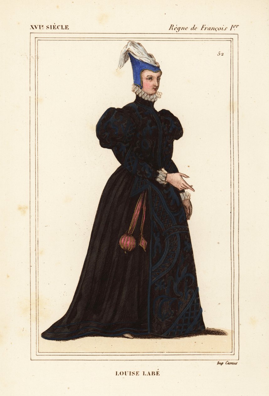 路易丝-拉贝（Louise Labe, La Belle Cordiere），法国诗人，1526-1566 年。音乐家、马术家、射箭手、击剑手和语言学家。根据 Roger de Gaignieres 的作品集 VIII 82 中的肖像绘制的手工彩色石版画，选自 Le Bibliophile Jacob 又名 Paul Lacroix 的《Costumes Historique de》。 作者 利奥波德·马萨德（Leopold Massard）