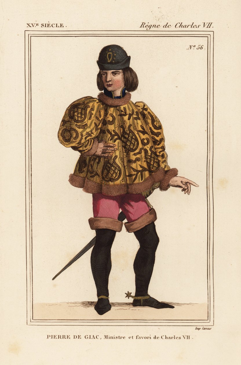 皮埃尔-德-贾克（Pierre de Giac），国王查理七世的侍从官，1377-1426 年。在 Dun-Le-Roi 被处以溺死。他身着带马蹄袖的短袍子、粉色裤子和带马刺的靴子。手绘石版画，取材于手稿 Histoire du 作者 利奥波德·马萨德（Leopold Massard）