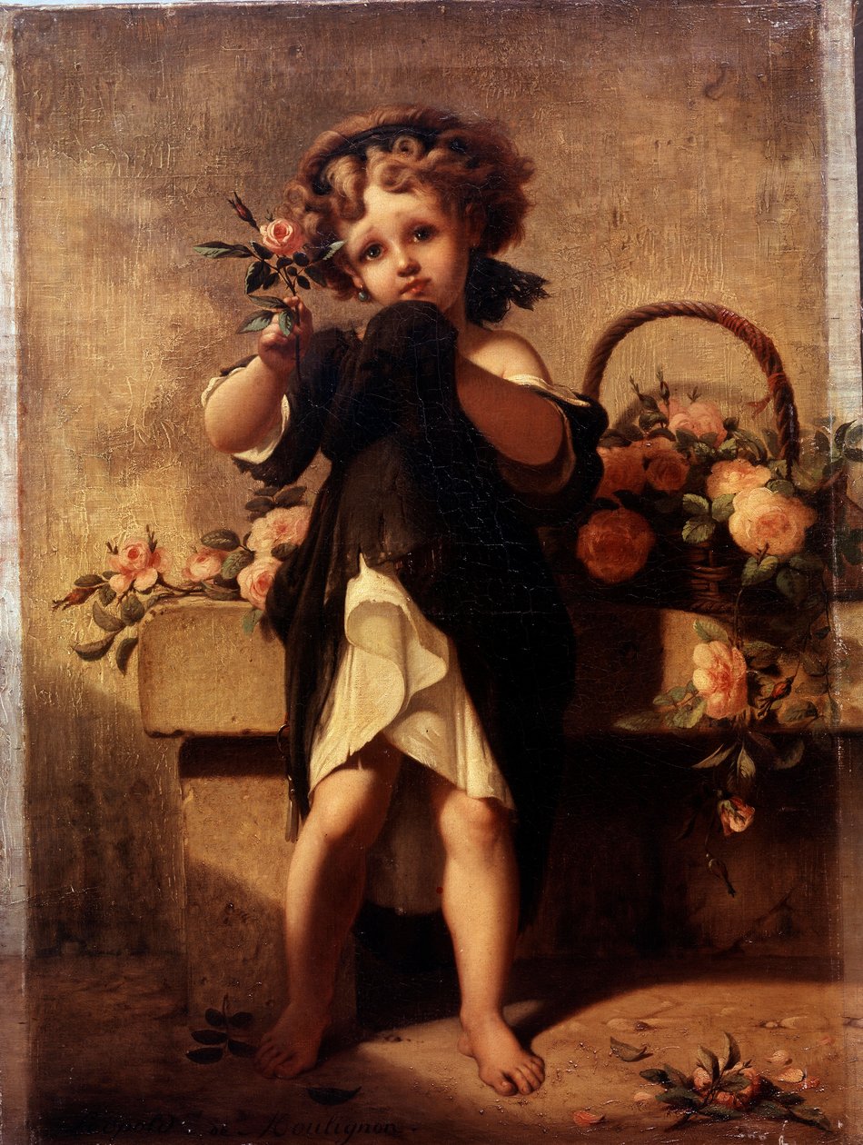 Leopold Moulignon (1821-1897) 19 世纪的玫瑰画小女孩全身画像。 作者 利奥波德·德穆利尼翁