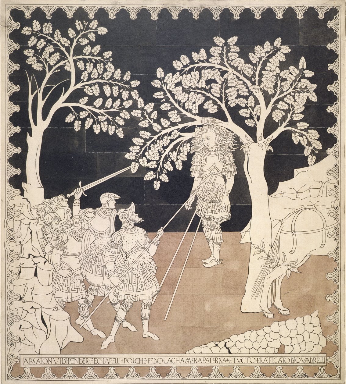 T.3836 Absolom之死，锡耶纳大教堂的地板研究，1870年（墨水和水洗） 作者 利奥波多·马卡里
