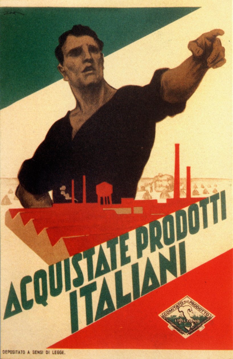 Fascism: propaganda poster for autarchy in Italy ""Buy Italian products"" 作者 利奥波多·梅特里科维奇