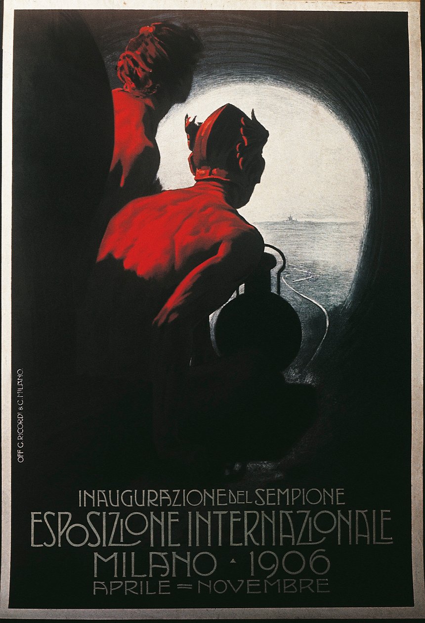 1906 年 4 月至 11 月米兰国际展览上的 Transalpine Simplon 隧道海报 作者 利奥波多·梅特里科维奇