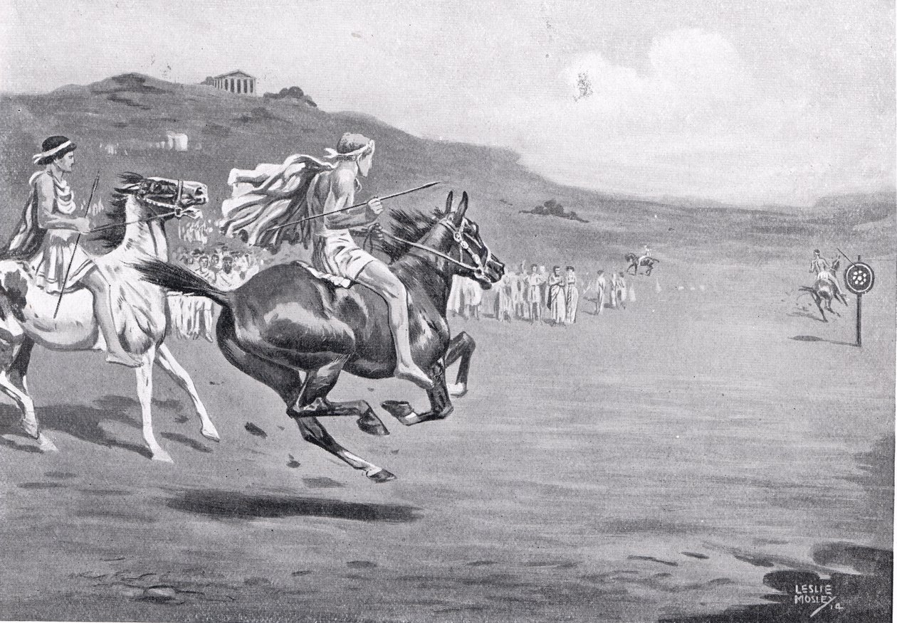 希腊骑兵投掷标枪，插图来自&39;哈钦森的国家历史&39;，1915年 作者 莱斯利·莫斯利