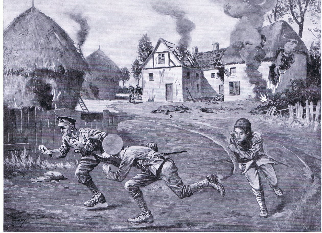 Sergeant Cooper and two comrades dashing off under enemy fire after setting fire to a farmhouse and several ricks (DCM) (litho) 作者 莱斯利·莫斯利