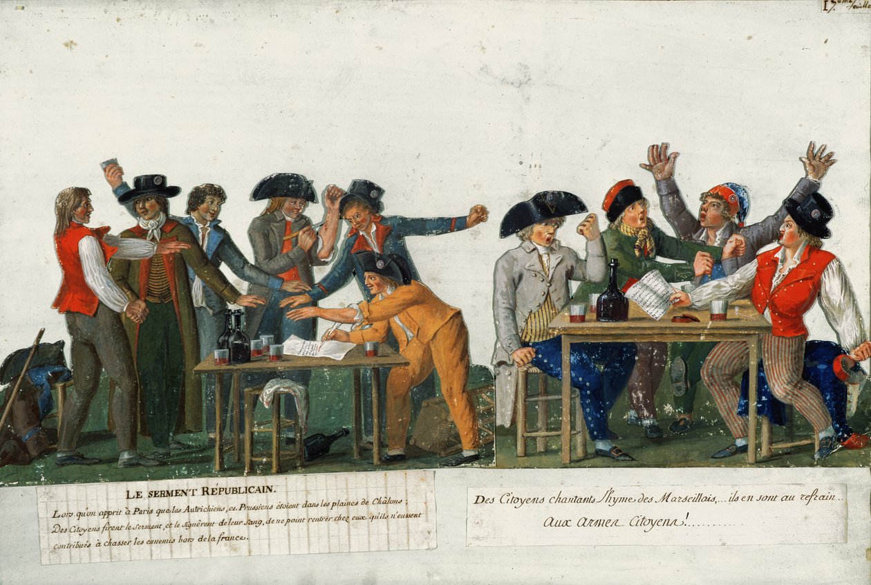 共和党的誓言在血液中签名并唱着“Marseillaise”，c.1792 作者 莱索尔兄弟