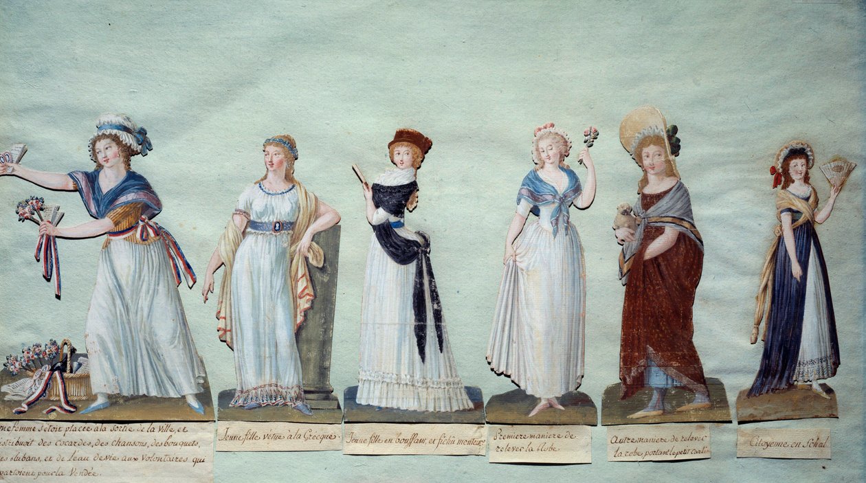 在革命期间代表女性时尚的不同年轻女性。 Gouache des freres Lesueur (18 世纪) 巴黎，Musee Carnavalet 作者 莱索尔兄弟