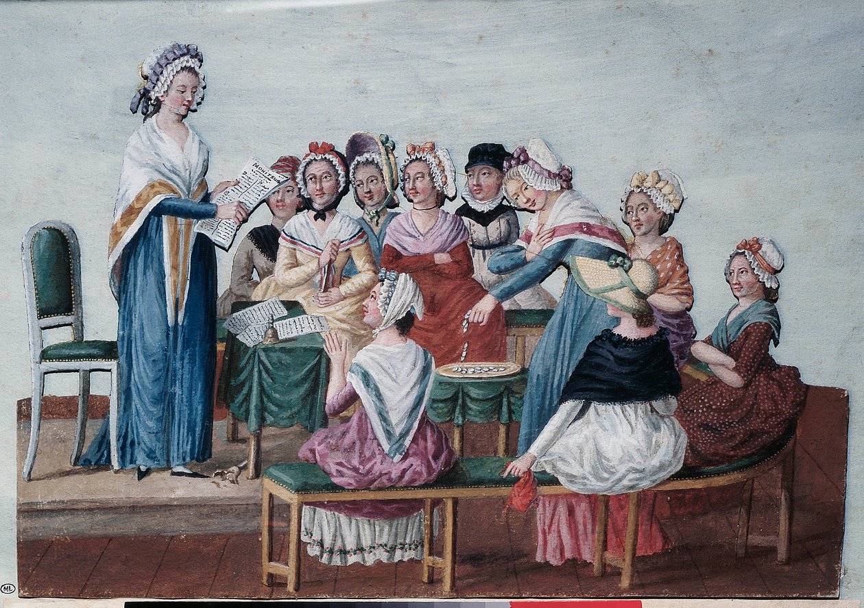 法国大革命（1789 年）：革命期间的爱国妇女俱乐部。 Lesueur 兄弟的绘画（18 世纪）。 巴黎，卡纳瓦莱博物馆。 作者 莱索尔兄弟