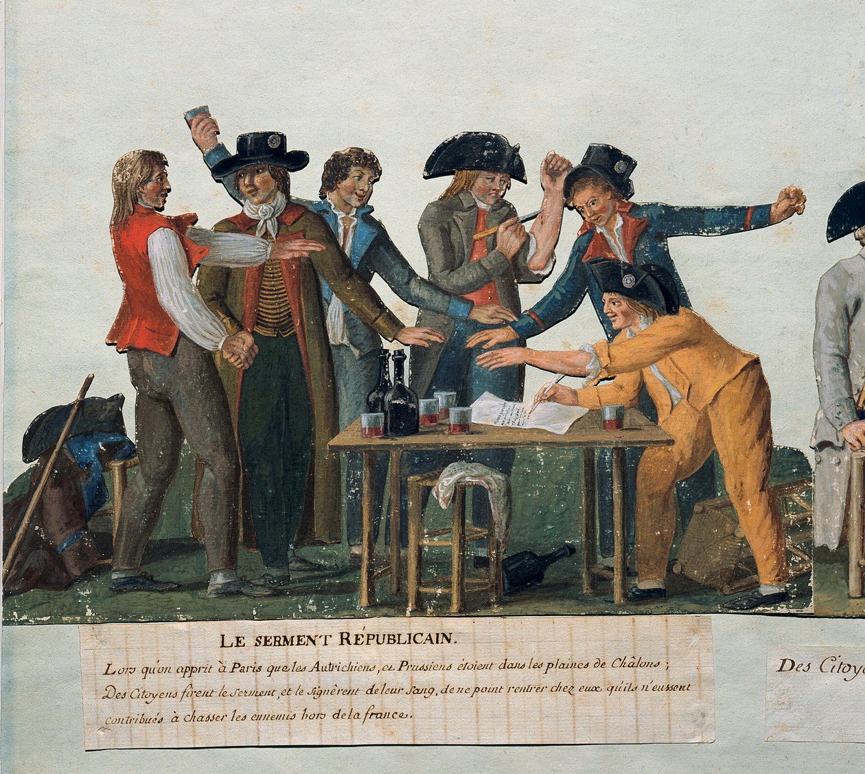 French Revolution: “” The Republican oath: the citizens take an oath of their blood not to return home until they have driven the Austrians and Prussians out of France.” Gouache des freres Lesueur (18th century). 18th century. Paris. Carnavalet Museum 作者 莱索尔兄弟
