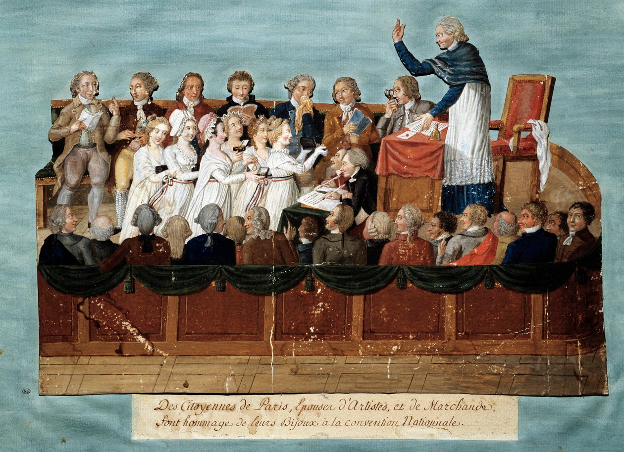 法国大革命。"巴黎市民向国民大会献上他们的珠宝" Illustration des Freres Lesueur（18世纪）。1792-1795.巴黎，卡纳瓦莱博物馆 - 英国大革命 - 巴黎市民向国民大会捐赠珠宝 作者 莱索尔兄弟